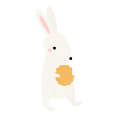 Kawaii rabbit, bunny, hare holding mooncake isolated on transparent. Flat vector illustration. Cute cartoon character. Mid Autumn Festival, Tsukimi, Chuseok festive design element, holiday clip art