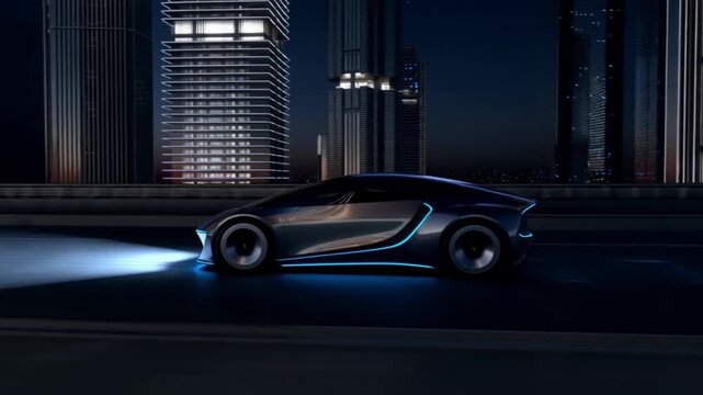Futuristic vehicle on a city road at night
