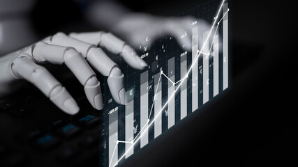 A robotic hand interacts with a futuristic financial graph, illustrating trends and growth in data...