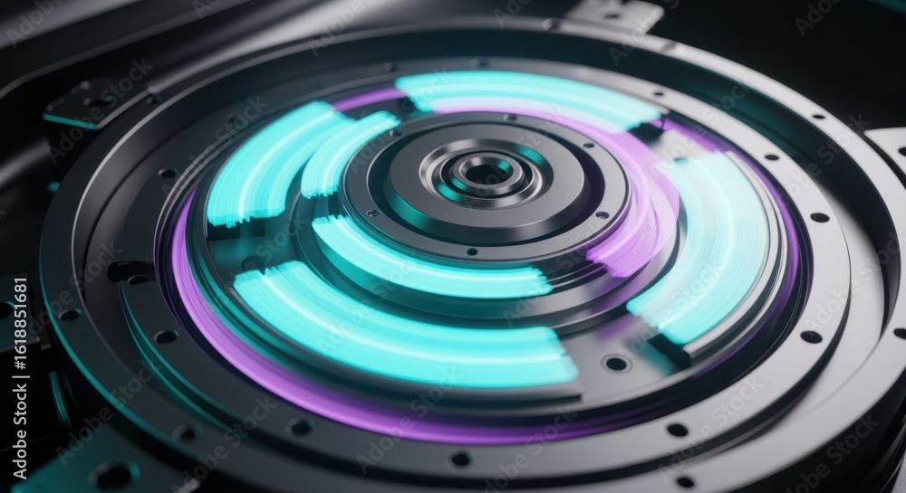 Poster highspeed capture of circular machinery component with glowing light effects.