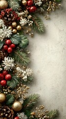 Beautifully arranged festive decorations with pinecones and ornaments set against a textured background showcasing the Christmas spirit
