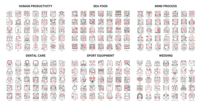 Sea food menu, sport fitness equipment, wedding ceremony, dental care medicine thin red black line icon vector illustration set. Outline mind brain process, brainstorm human productivity collection