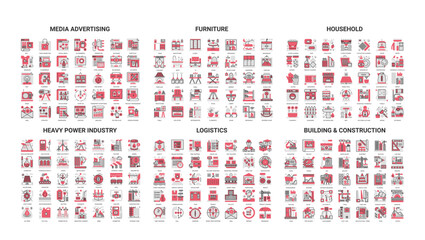 Comprehensive set of modern line icons covering media advertising, furniture, household, heavy power industry, logistics, building and construction isolated vector illustration