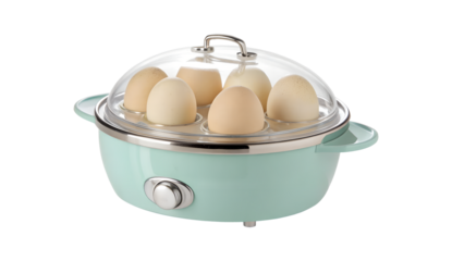 A modern teal colored electric egg cooker filled with seven raw eggs and a clear domed lid isolated on transparent background