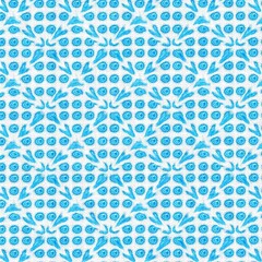 Fototapeta premium Blue floral pattern with leaves and circles on white background 