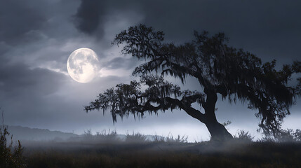 Ethereal moonlit oak draped in Spanish moss over misty fields oak tree full moon