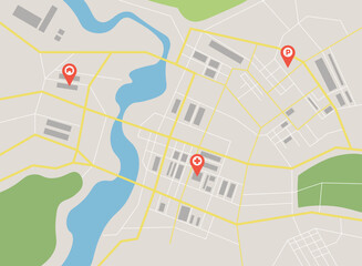 Vector illustration of city map with red geolocation signs.Cartoon city scene with parking lot, houses, hospital, river, roads, parks. Map for finding routes.GPS navigation.Orientation on the terrain.