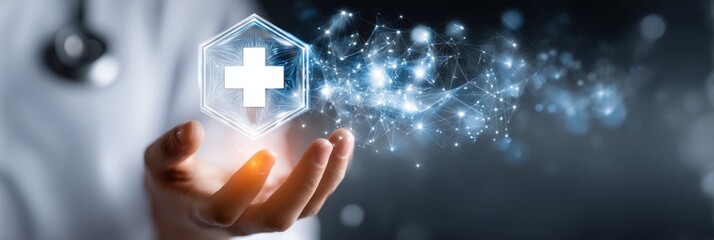 Digital Healthcare in hand: A visual representation of health, medicine, and digital technologies converge in this photo. A medical professional's hand cradles a glowing health symbol.