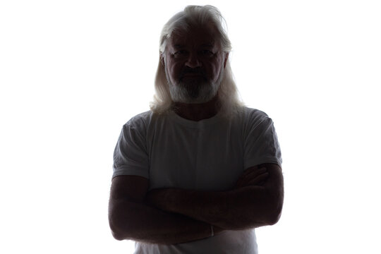 silhouette portrait of brutal elderly man with beard and long gray hair, male body figure on white isolated background
