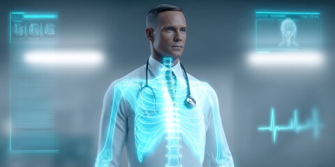 Technological Healthcare: A medical professional examines illuminated data, a futuristic depiction of healthcare.