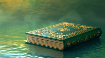 Muslim holy Quran in a green, golden, and blue gradient background