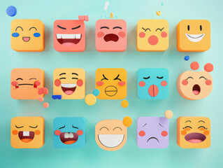 Colorful collection of square and round emotion faces on a light blue background surface design