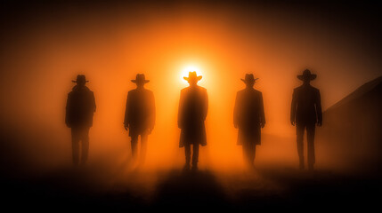 Silhouettes of people in sunset. 