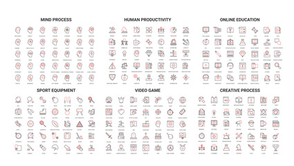 Collection of modern line icons covering mind process, human productivity, online education, sport equipment, video game, creative process, isolated vector illustration