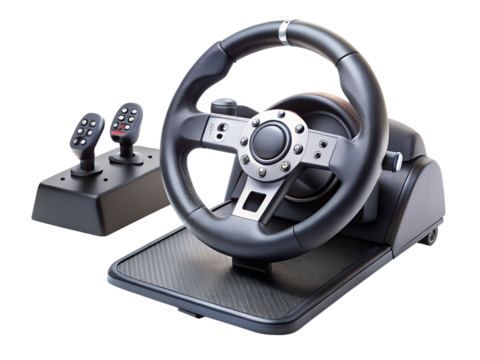 A racing steering wheel and pedals gaming controller isolated on transparent background