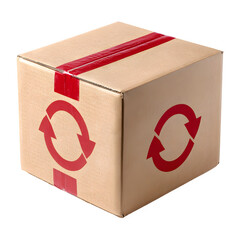 Cardboard shipping box with red tape and recycling symbol isolated on transparent background