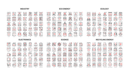 Comprehensive collection of modern line icons covering industry, eco energy, ecology, electronics, science, and recycling energy topics background vector illustration