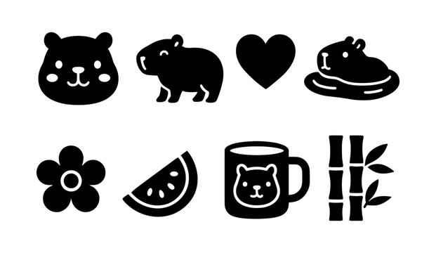 Cute capybara and nature icons in bold silhouette style