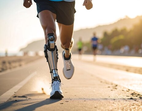 Athlete with prosthetic leg running outdoors