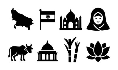 Naklejka premium Silhouette icons of indian culture and landmarks: taj mahal, flag, lotus