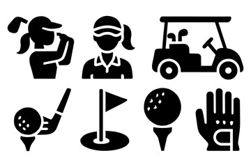 Silhouette icons of golf: player, cart, equipment, and course elements