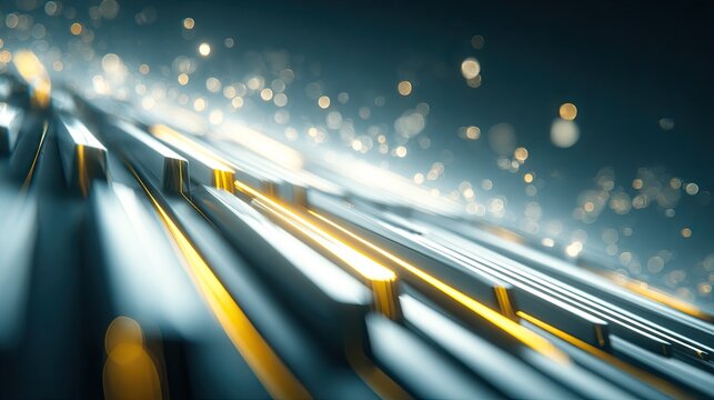 Abstract technological design with diagonal lines, glowing gold accents, and sparkling particles