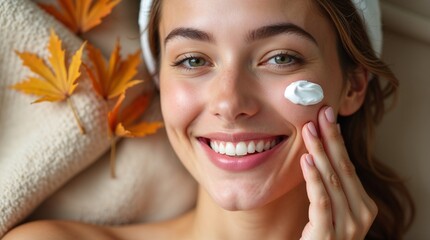 Young woman applying facial cream while smiling at home in autumn  