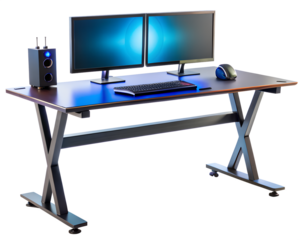 A modern gaming desk with dual monitors, keyboard, mouse, and speaker, isolated on transparent background