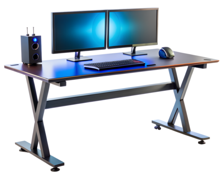 A modern gaming desk with dual monitors, keyboard, mouse, and speaker, isolated on transparent background