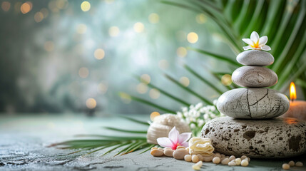 A background with massage stones, various relaxing leaves, and flowers for a spa