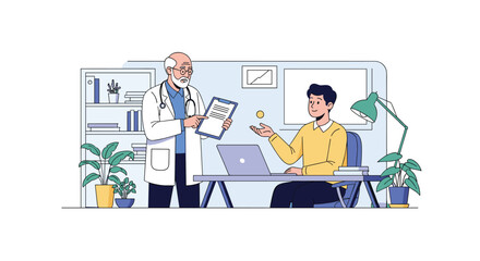 Fototapeta premium Elderly doctor consults young patient discussing medical chart and pills in office setting with plants and desk lamp providing professional healthcare discussion