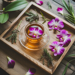Elegant Tea Presentation Clear Cup with Orchid Blossom in Wooden Tray Close Up