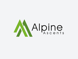 Fototapeta premium Alpine, mountains, nature, ascents, adventure, outdoor, climbing, logo design, green, minimalist, travel, exploration, brand, mountain climbing, hiking, summit, peak, adventure tourism, sport