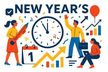 Celebratory new year's concept with charts, clock, and people
