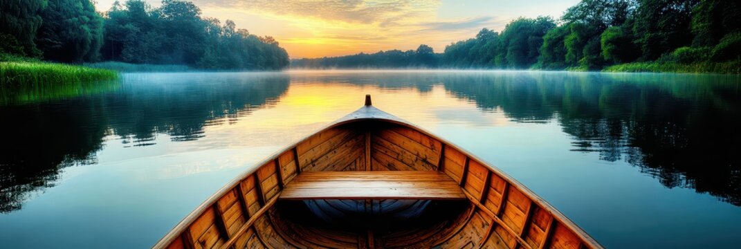 Calm lake with morning sky above, view from a wooden boat. The concept of fishing, vacation, relaxation. Banner for your website.
