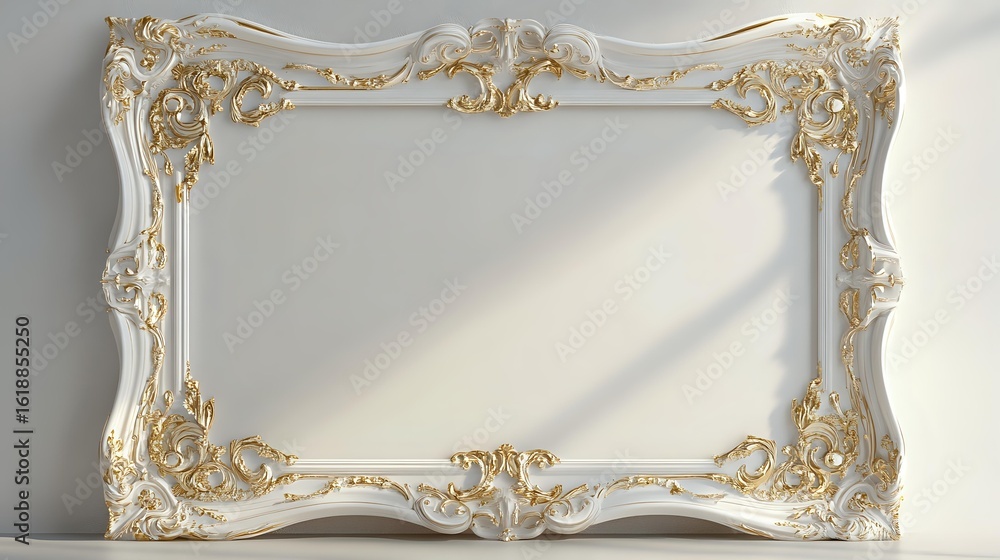 Poster decorative white frame with golden inlay details and curved rococo patterns on a smooth neutral back