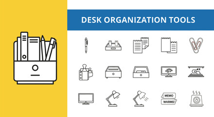 Line Art Depiction of Desk Organization Tools, Featuring Pen Holders, Paper Clips