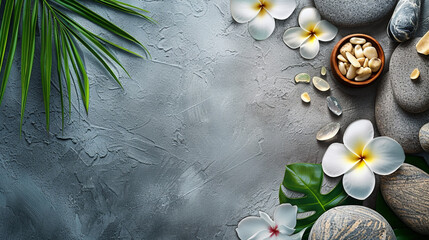 A background with massage stones, various relaxing leaves, and flowers for a spa