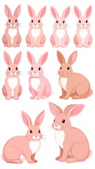 Cute cartoon bunnies in various shades of pink and brown
