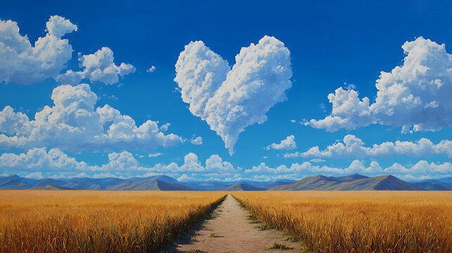 Golden field path leading to heart shaped cloud under blue sky fluffy clouds