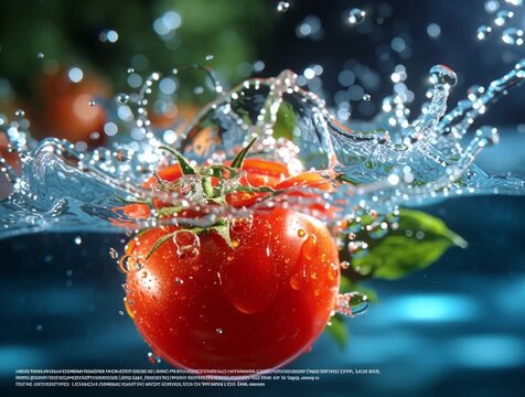 "Ultra HD macro shot of a bright red tomato falling into crystal clear water, slow motion splash effect, droplets suspended in mid-air, vibrant ripples expanding, studio lighting with backlighting to  - Powered by Adobe