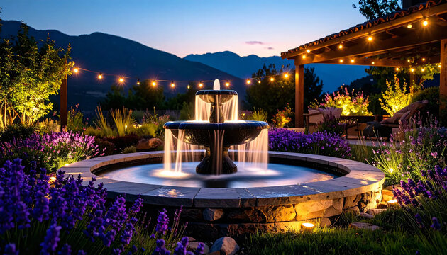 Dark Stone Fountain with Flowing Water at Dusk, Purple Flowers and Warm String Lights