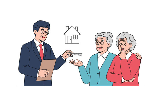Real estate agent handing over house keys to elderly couple representing home ownership and senior living transition