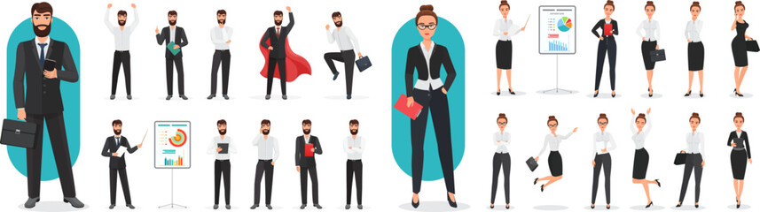 Businessman and businesswoman poses set vector illustration. Cartoon employee or director characters in office suits talking, professional managers from corporate team standing, jumping isolated white