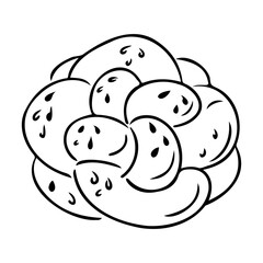 Hand drawn outline of a braided challah bread with poppy or sesame seeds on top. Concept of traditional baking, Jewish culture and festive bread illustration