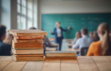 Old books on wooden school desk with copy space and blurred classroom, students and teacher background. Timeless essence of traditional education, academic focus, and back-to-school atmosphere.