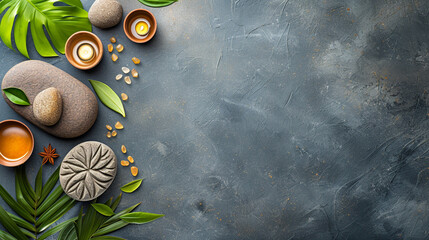 A background with massage stones, various relaxing leaves, and flowers for a spa