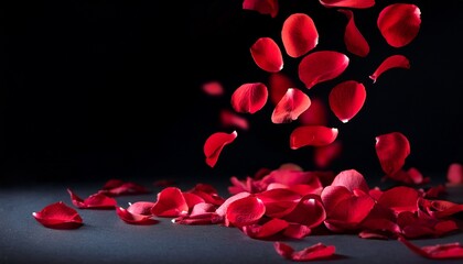 red rose petals falling on a black background