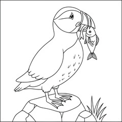 Cartoon puffin coloring page featuring a puffin standing on a rock holding a fish in its beak, illustrated in a simple black-and-white line art style, perfect for kids’ creative fun.