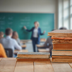 Old books on wooden school desk with copy space and blurred classroom, students and teacher background. Timeless essence of traditional education, academic focus, and back-to-school atmosphere.
